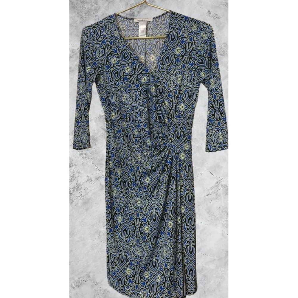 Laundry by Design Women Blue Black Geometric Faux Wrap Dress V-Neck Size 4